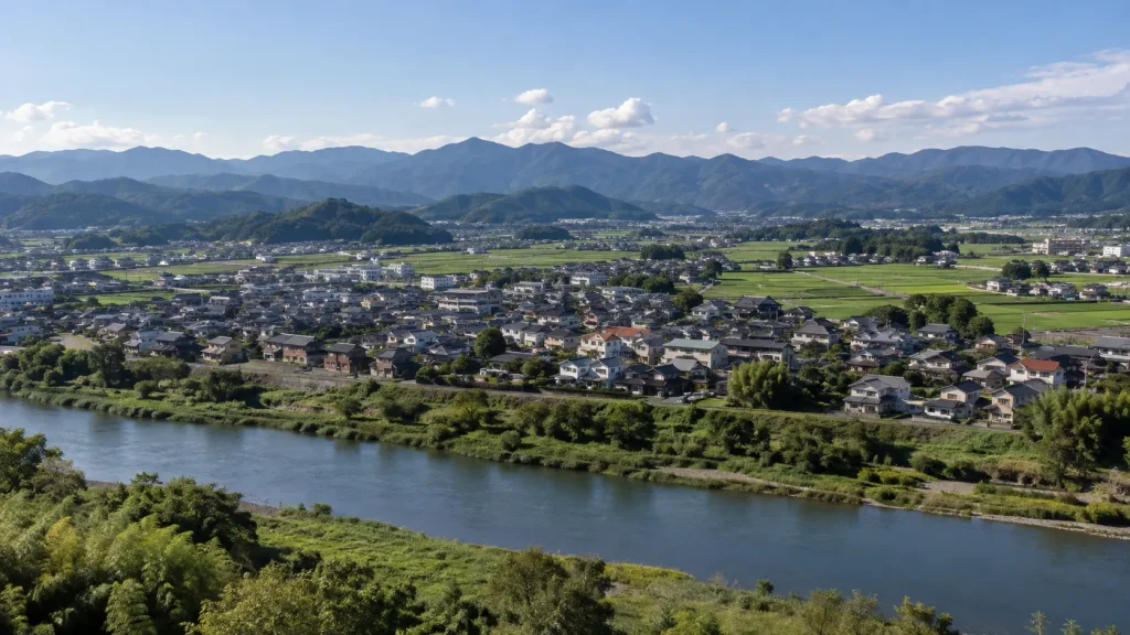 川をはさんで市街地と田畑、集落が広がる町の風景(イメージ)
